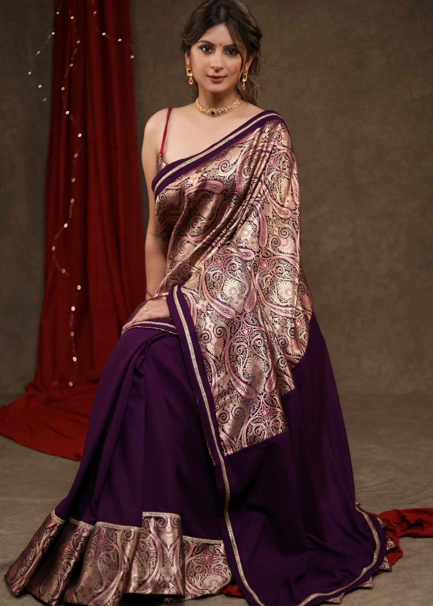 Mesmering Midnight Purple Rayon & Banasari Combination Saree