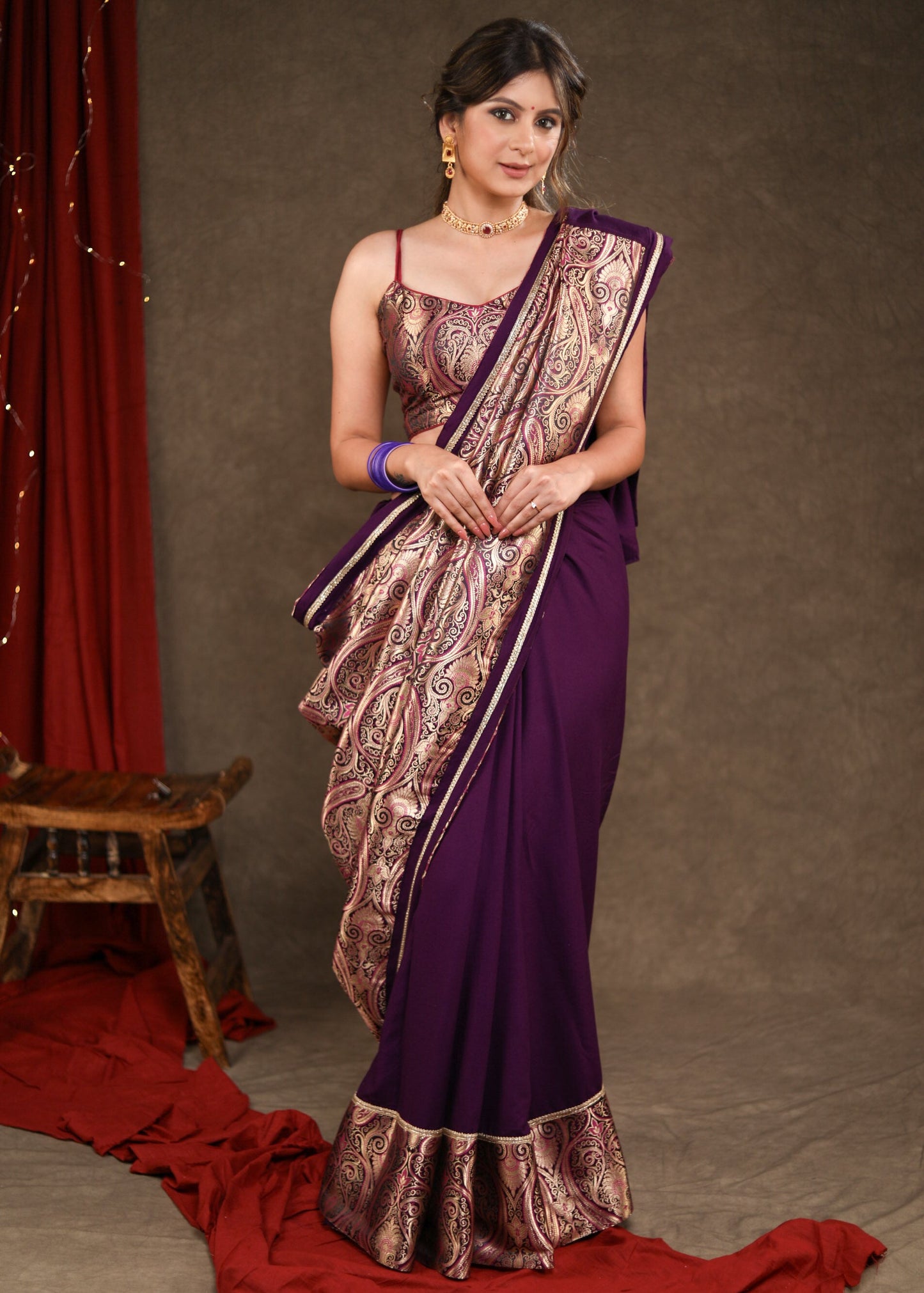 Mesmering Midnight Purple Rayon & Banasari Combination Saree