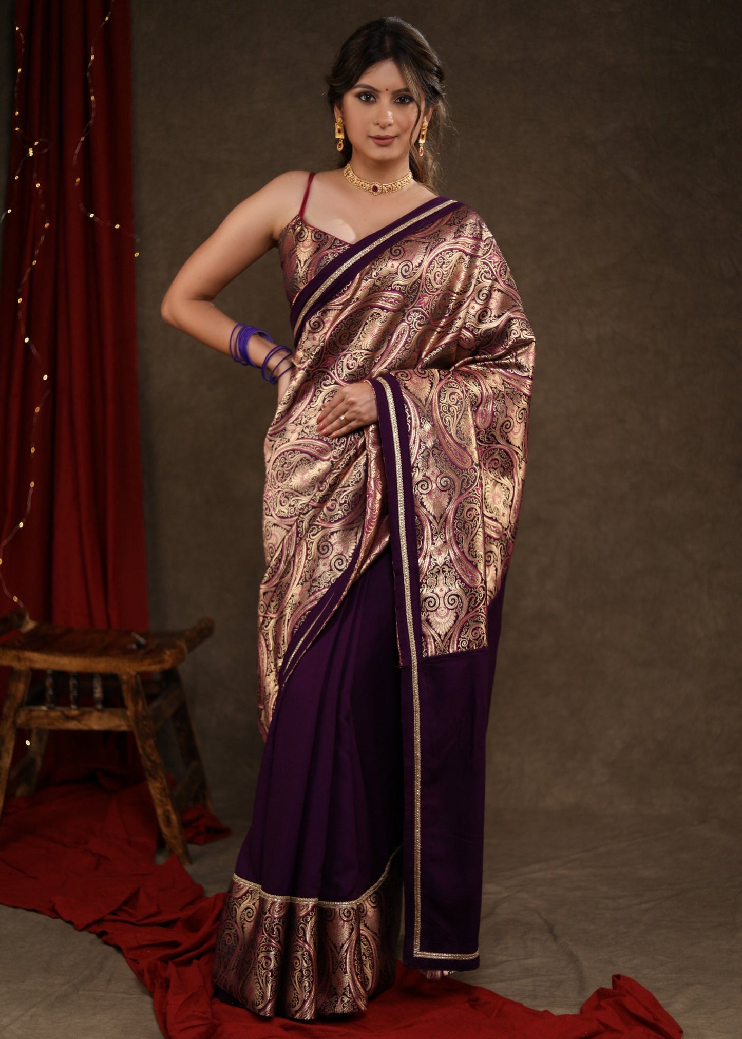 Mesmering Midnight Purple Rayon & Banasari Combination Saree