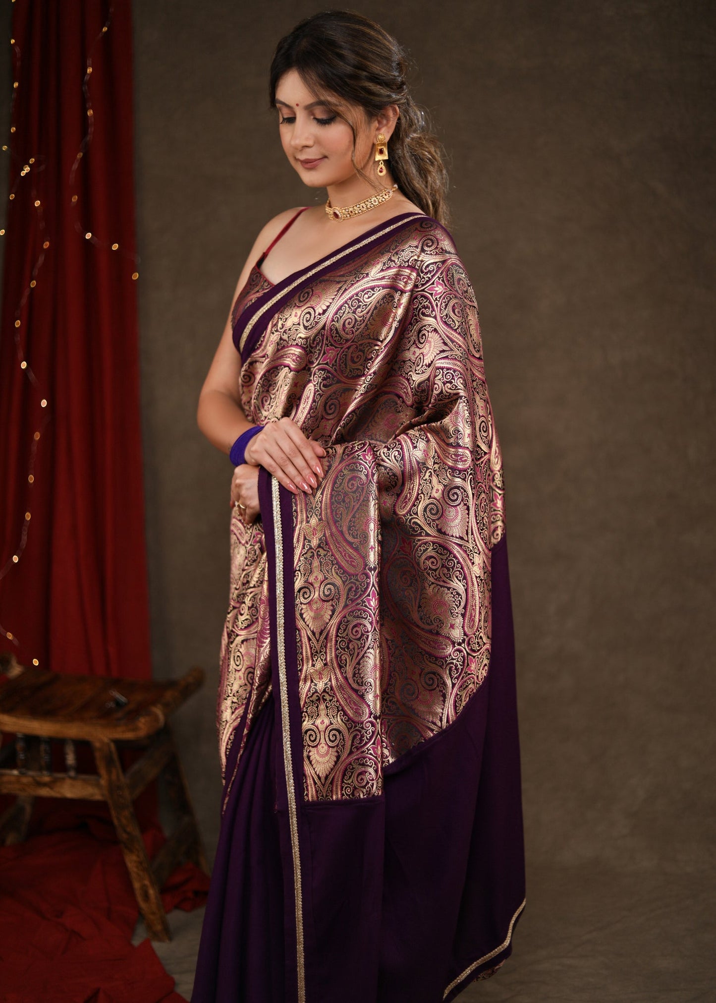 Mesmering Midnight Purple Rayon & Banasari Combination Saree