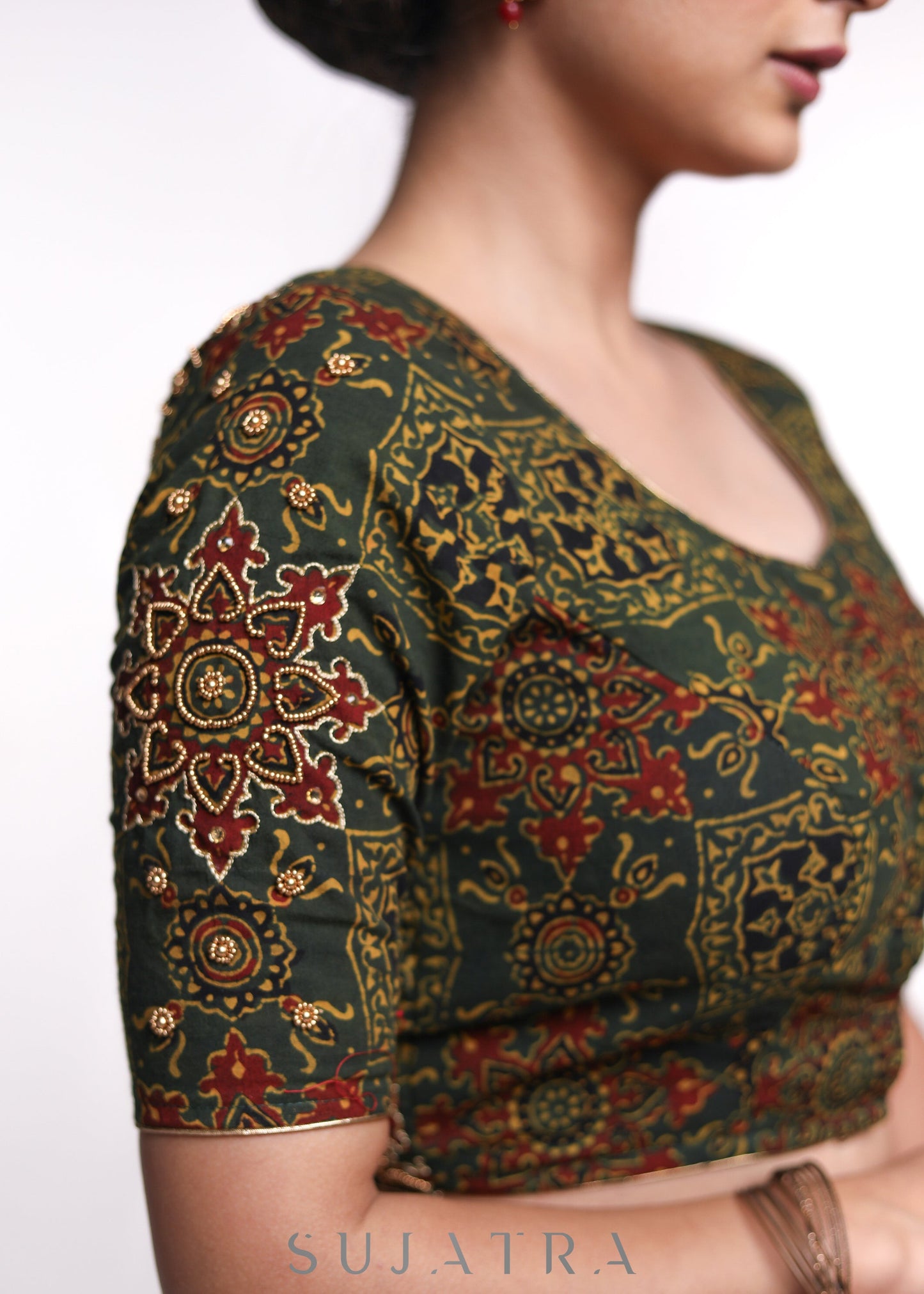 Hand Embroidered Green Ajrakh Blouse