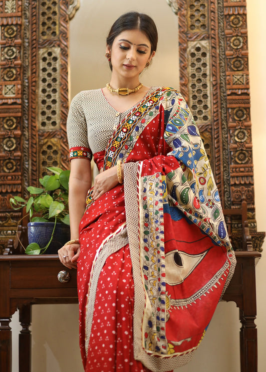 Exclusive red Bandhani saree with elegant hand painted Madhubani Pallu and mirror work border