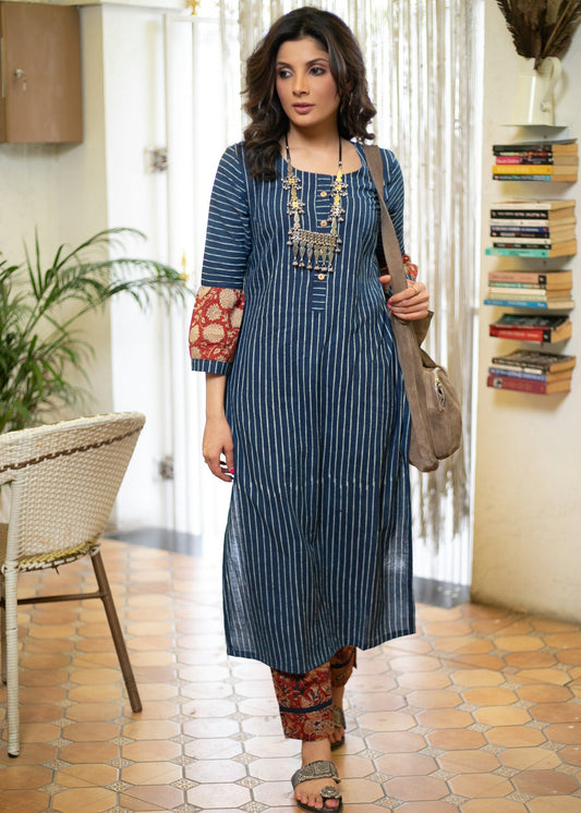 Classy Cotton Indigo Striped Straight Cut Kurta with Exclusive Combination Sleeves - Pant Optional