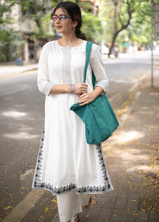 Exclusive White Cotton Embroidered Kurta - Pant Optional