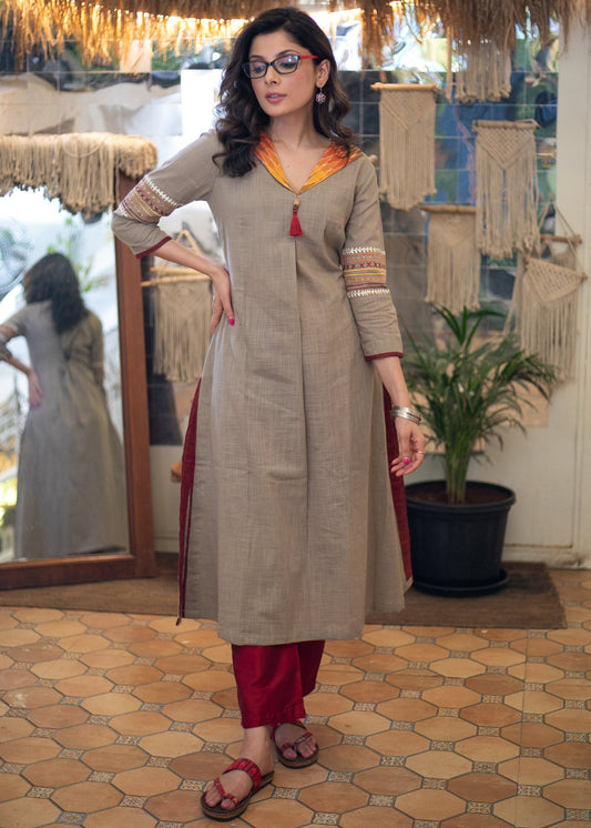 Cotton Turn Collared Kurta with Exclusive Embroidery on Sleeves- Pant Optional