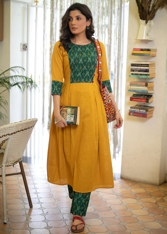 Elegant Cotton Mustard A Line Kurta with Contrast Ikat Combination on Yoke and Sleeves - Pant Optional