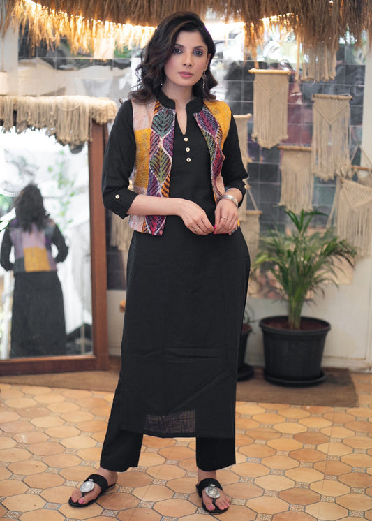 Must Have Black Cotton Kurta with Multicolor Cotton Silk Kantha Short Jacket - Pant Optional