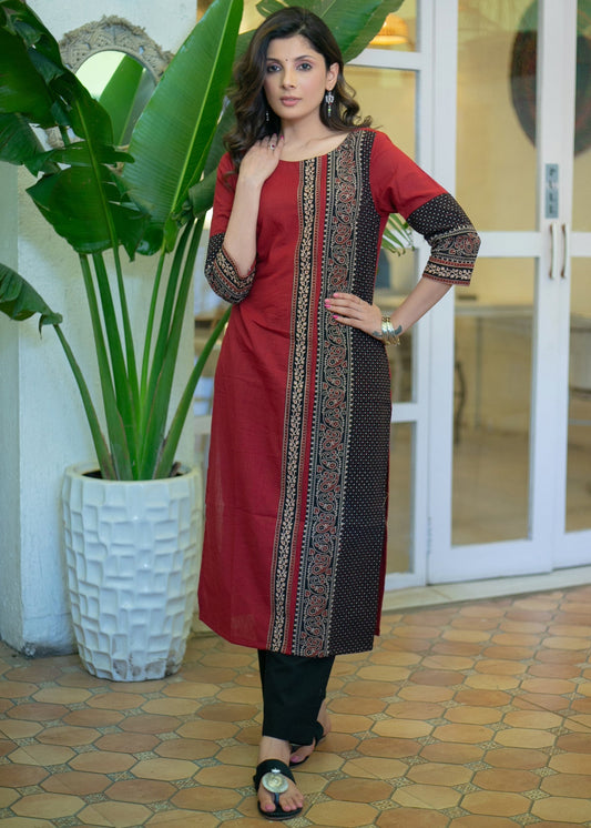 Elegant Maroon Cotton Ajrakh Combination Kurta - Pant Optional