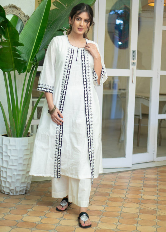 Classy White Cotton Kurta with Beautiful Embroidered Long Chanderi Shrug