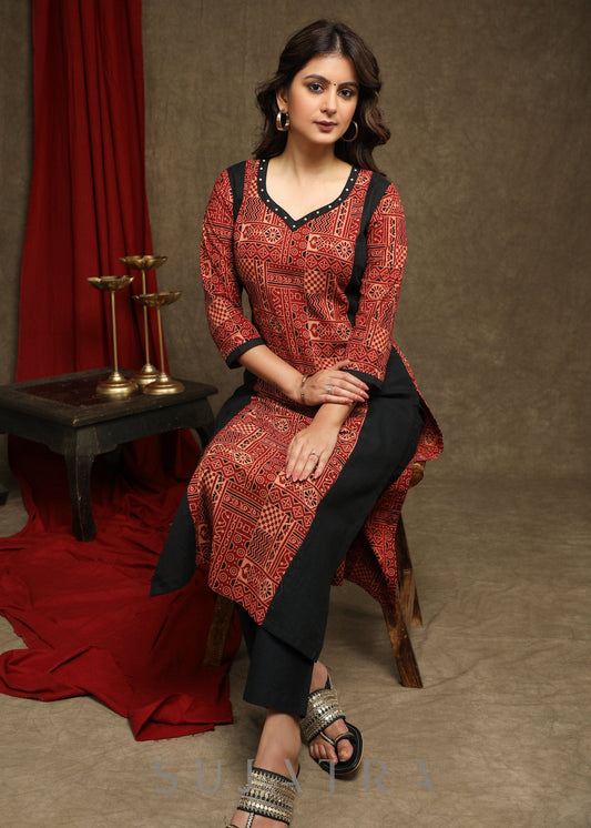 Elegant Maroon Ajrakh Combination Kurta With Beautiful Pearl Highlighting - Pant Optional