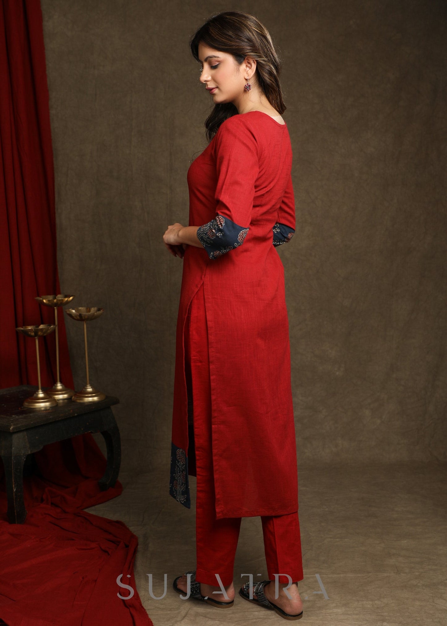 Stylish Maroon Cotton Ajrakh Combination Kurta With Pearl Embellishments - Pant Optional