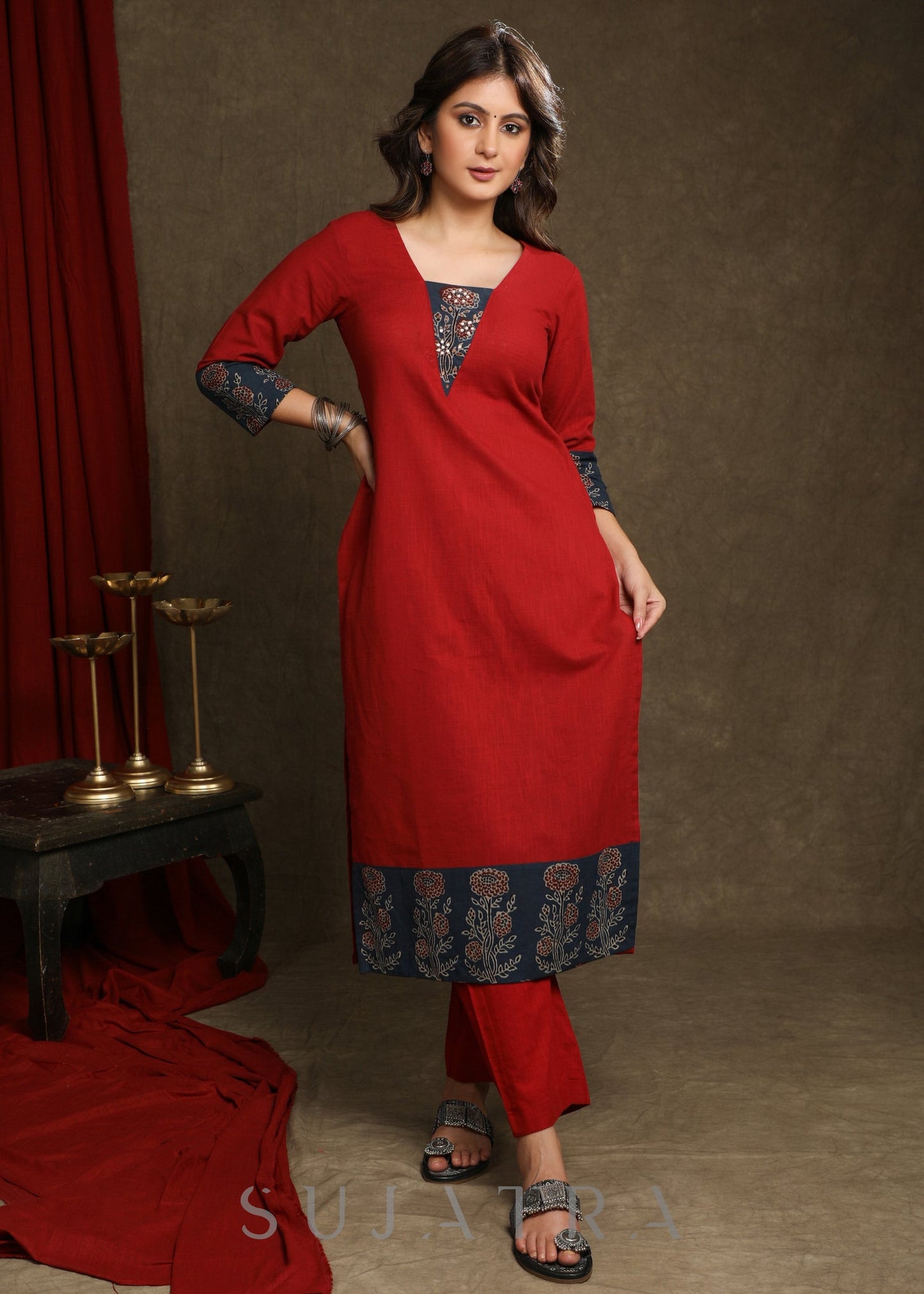 Stylish Maroon Cotton Ajrakh Combination Kurta With Pearl Embellishments - Pant Optional