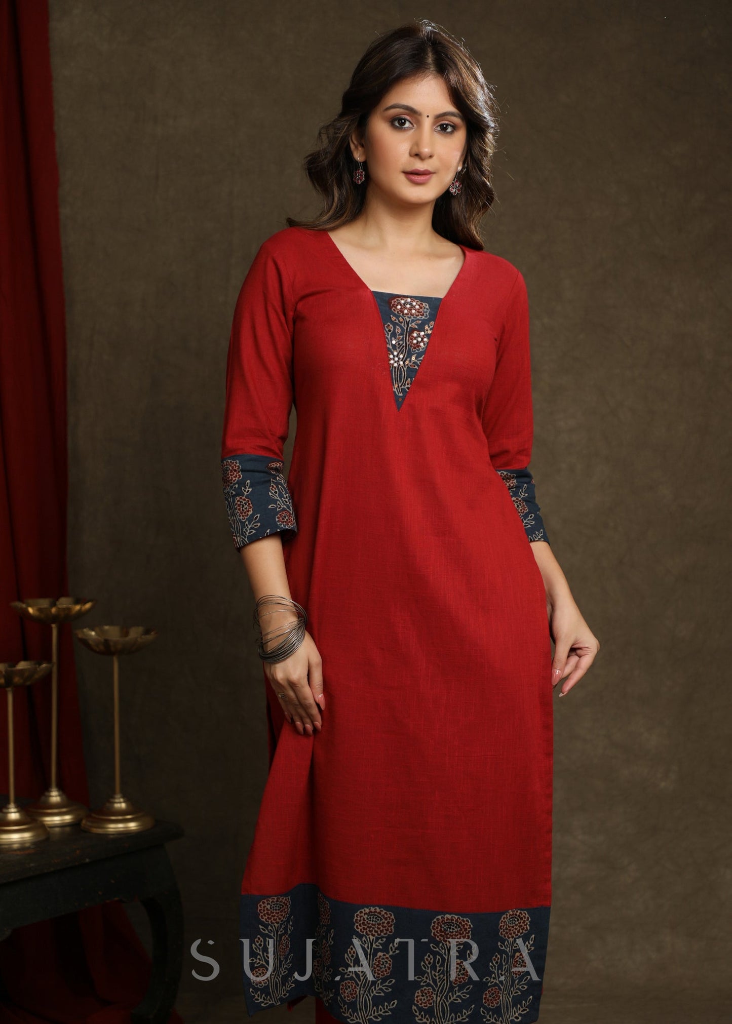 Stylish Maroon Cotton Ajrakh Combination Kurta With Pearl Embellishments - Pant Optional