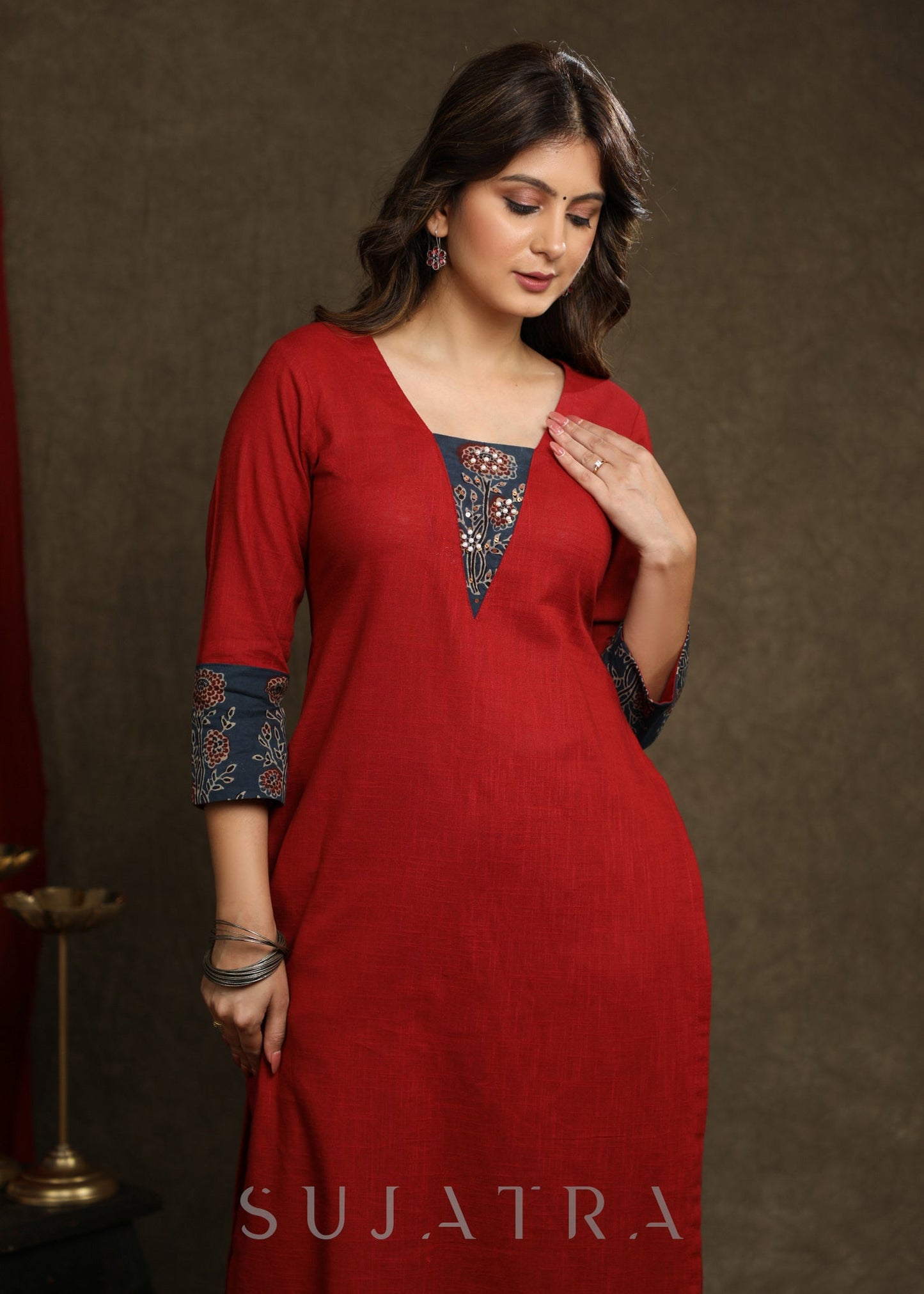 Stylish Maroon Cotton Ajrakh Combination Kurta With Pearl Embellishments - Pant Optional