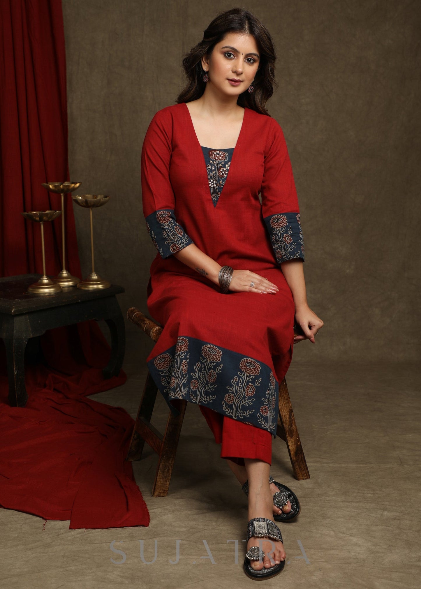 Stylish Maroon Cotton Ajrakh Combination Kurta With Pearl Embellishments - Pant Optional