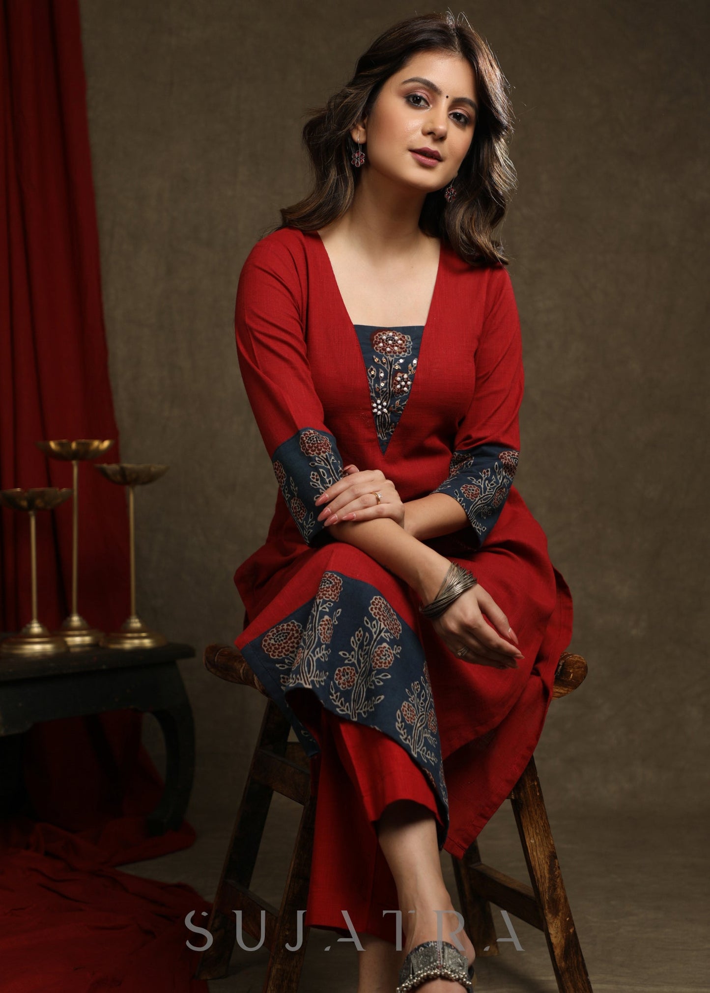 Stylish Maroon Cotton Ajrakh Combination Kurta With Pearl Embellishments - Pant Optional