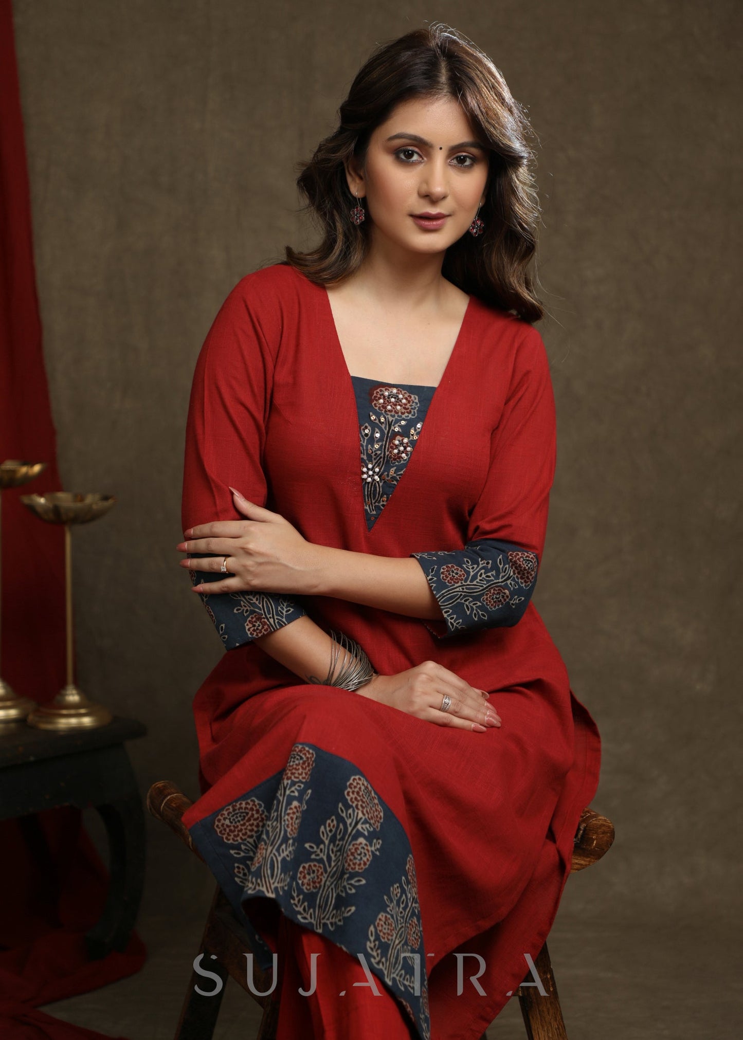 Stylish Maroon Cotton Ajrakh Combination Kurta With Pearl Embellishments - Pant Optional