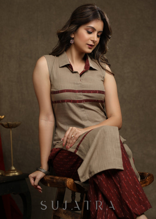 Trendy Beige Cotton Collared Ikat Combination Kurta - Pant Optional