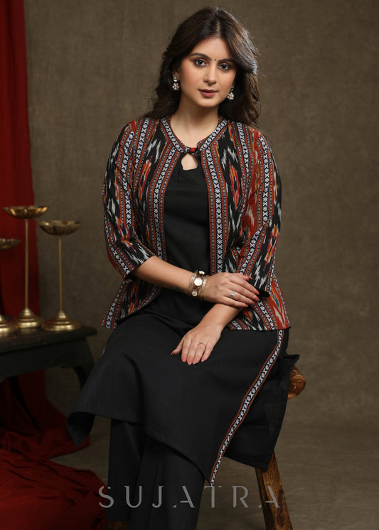 Black Ikat Combination Kurta With Ikat Jacket - Pant Optional