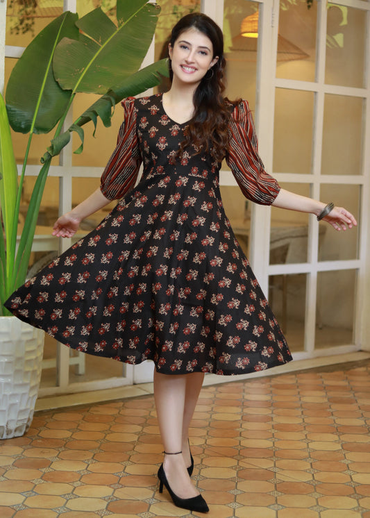 Trendy Black Floral printed Dress with Striped Sleeves