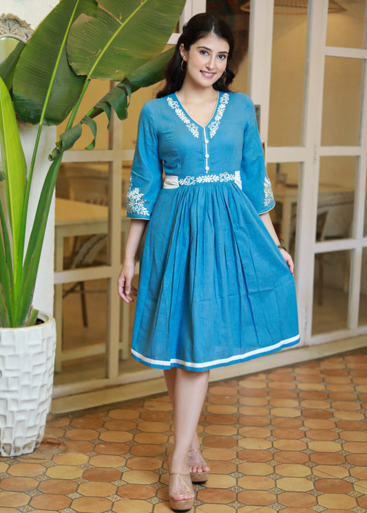 Elegant Powder Blue Cotton Embroidered Dress with Attached Belt