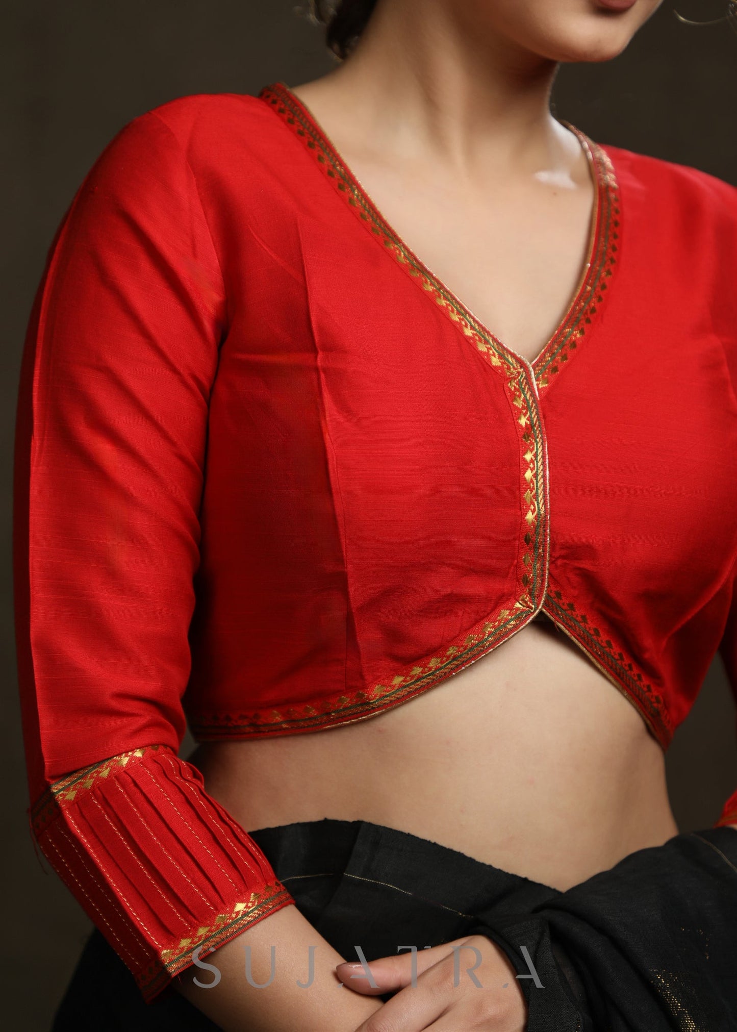 Red Cotton Silk Lace Highlighted Festive Blouse