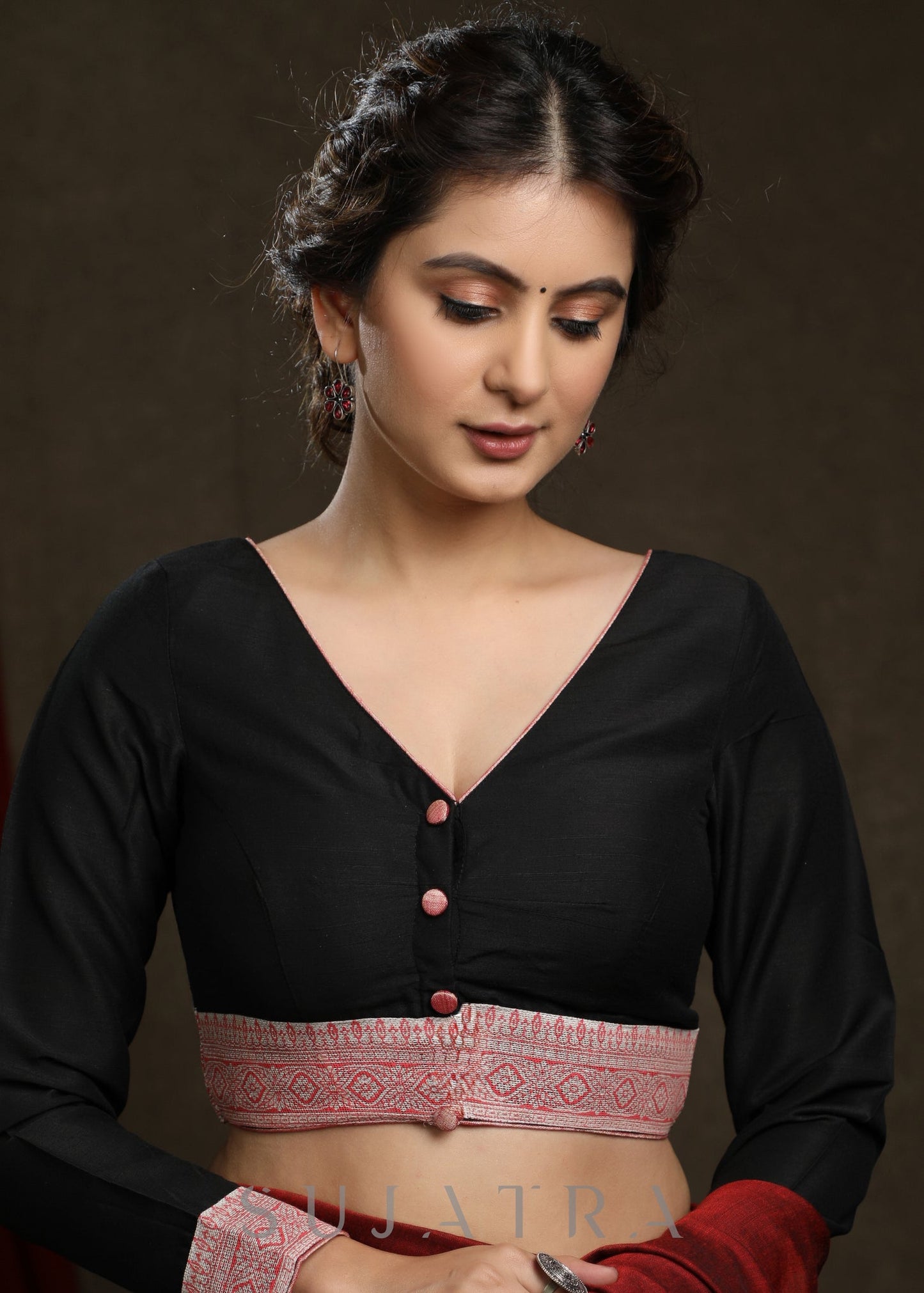 Black Cotton Blouse With Contrast Border