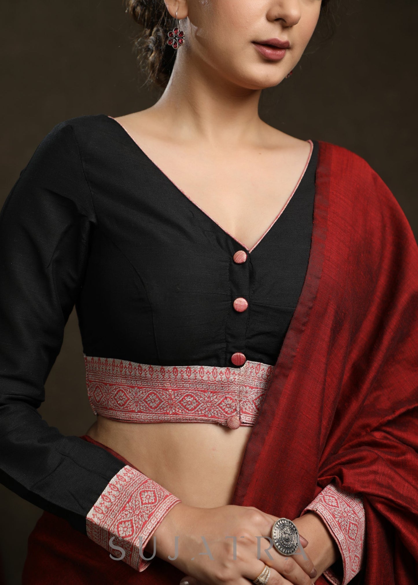 Black Cotton Blouse With Contrast Border