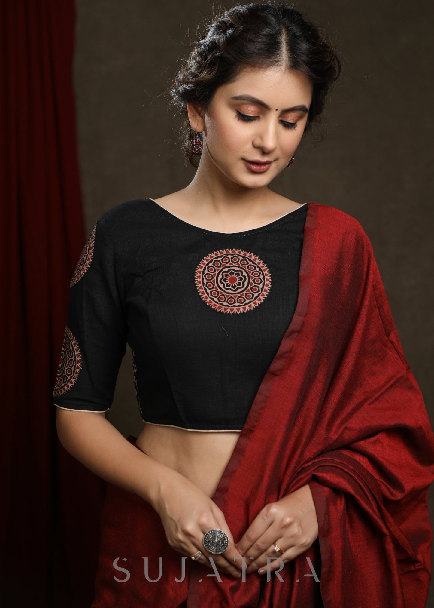 Black Ajrak Combination Patch Work Cotton Blouse