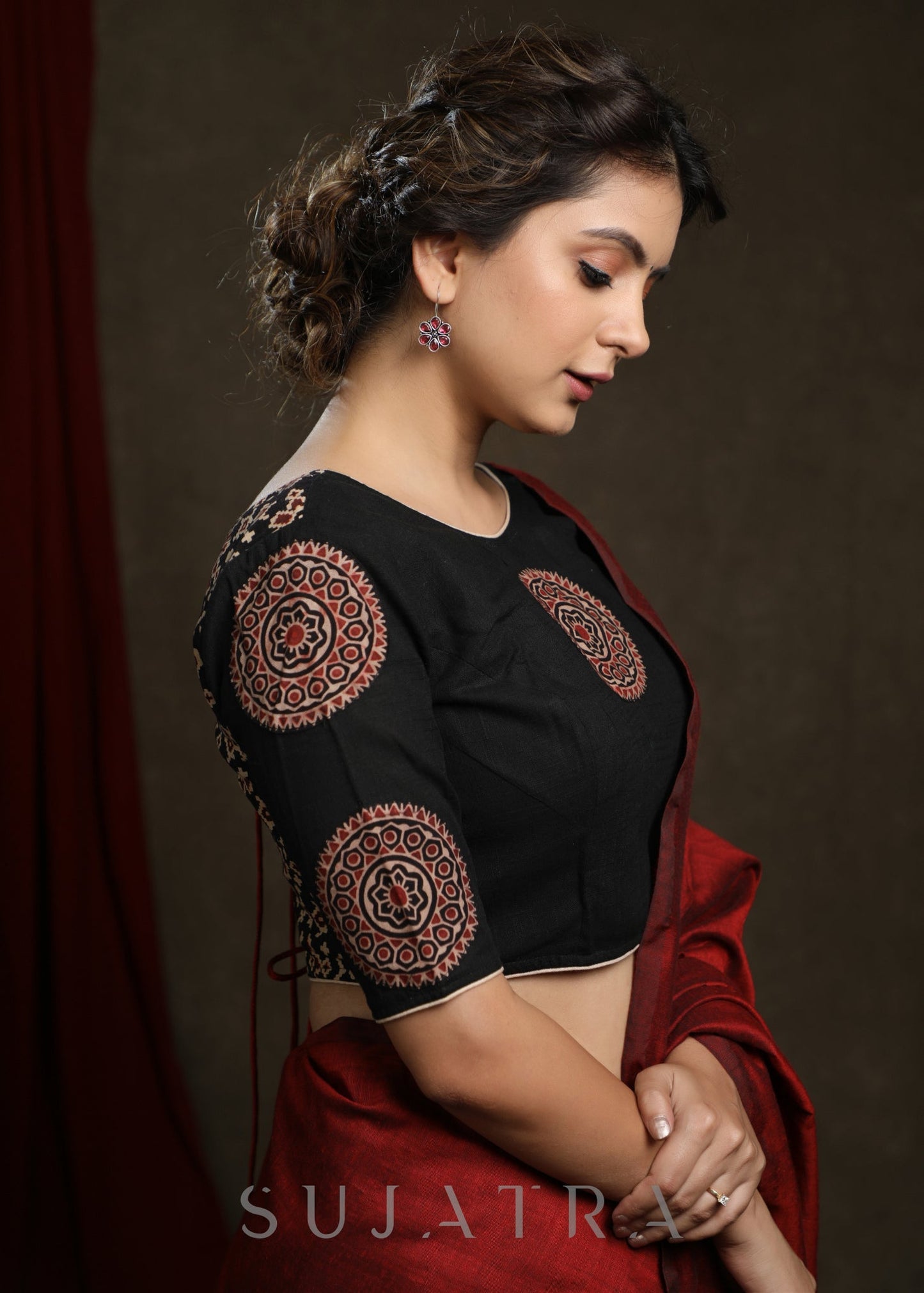 Black Ajrak Combination Patch Work Cotton Blouse