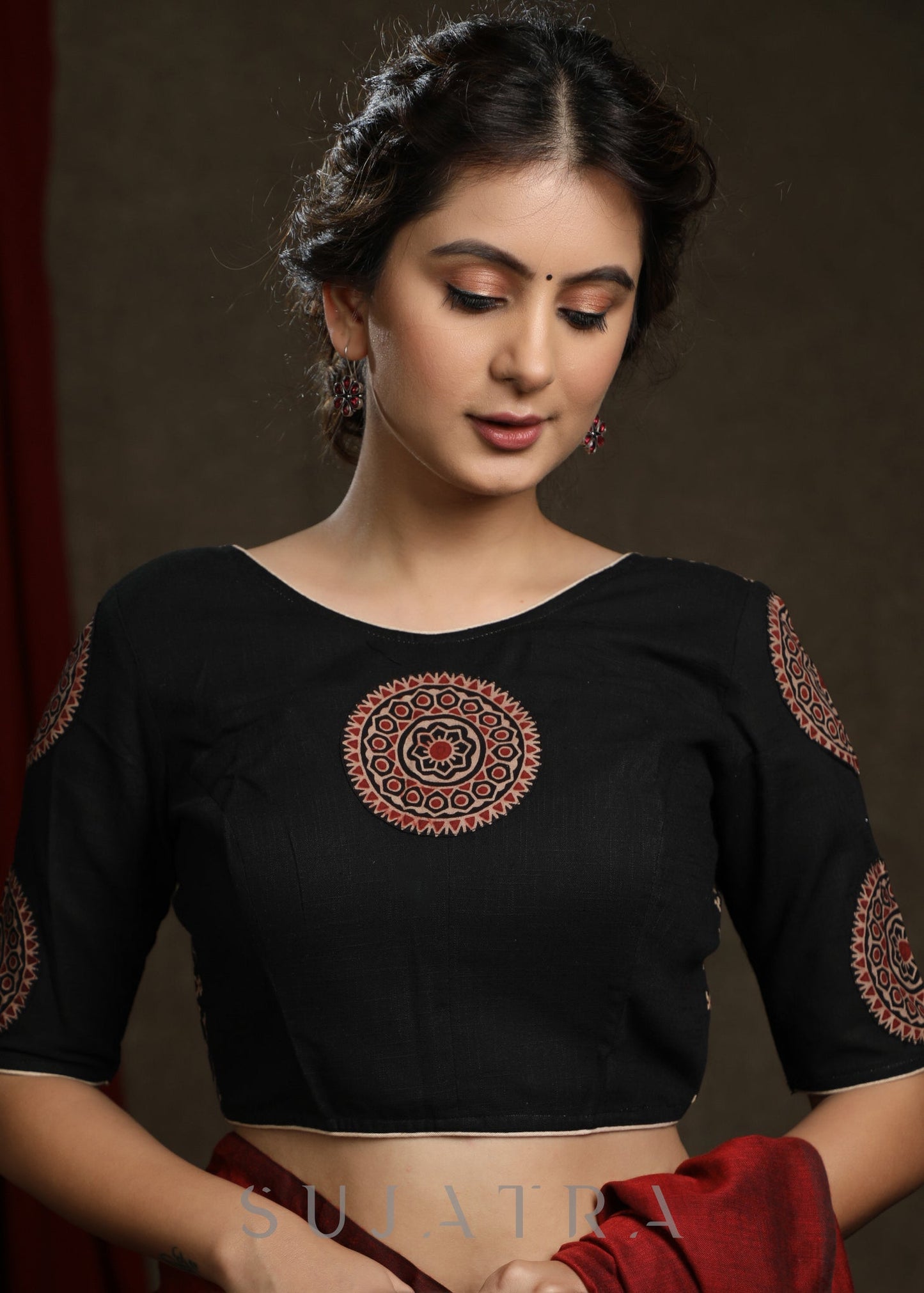 Black Ajrak Combination Patch Work Cotton Blouse