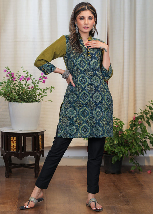 Elegant Green & Blue Cotton Ajrakh Combination Tunic