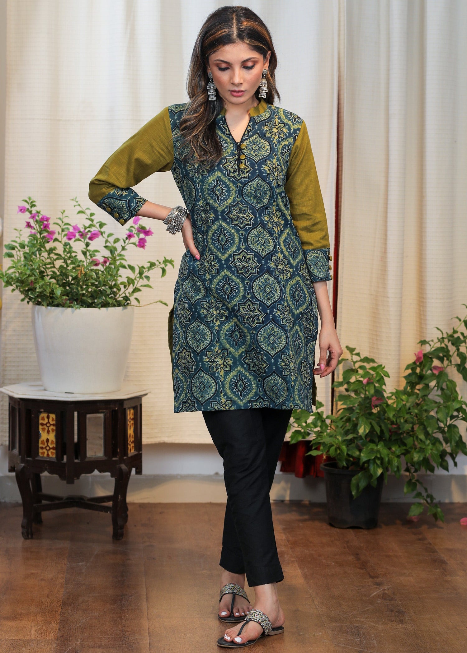 Elegant Green & Blue Cotton Ajrakh Combination Tunic