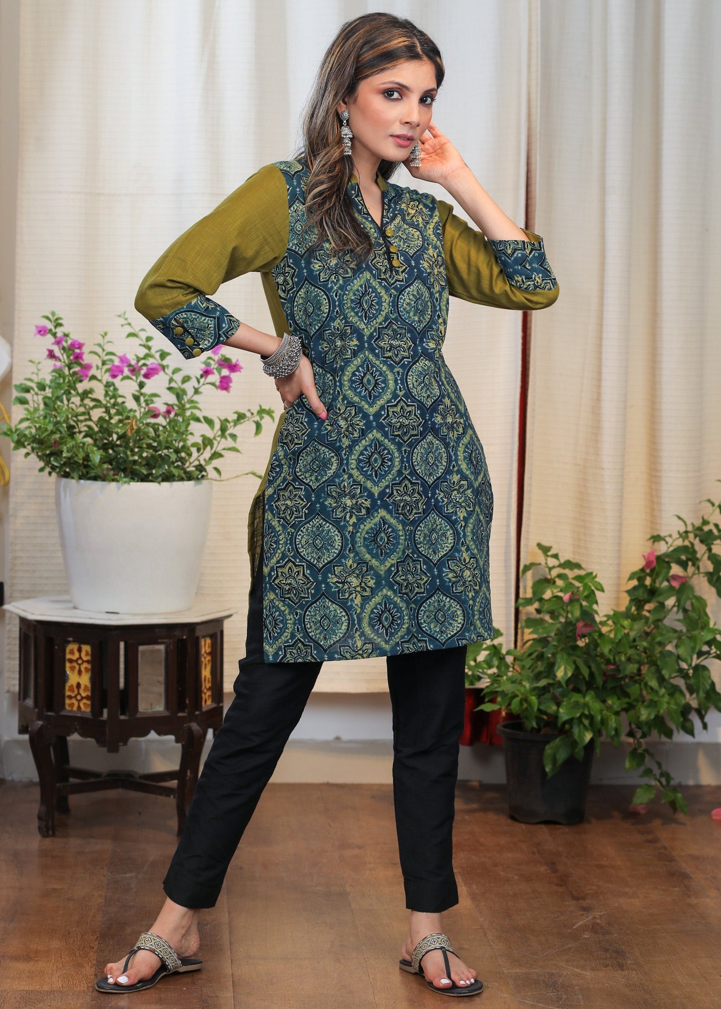 Elegant Green & Blue Cotton Ajrakh Combination Tunic