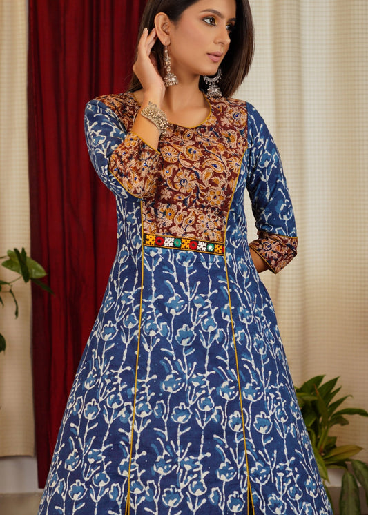 Trendy & Unusual Combination Indigo & Kalamkari A- Line Pure Cotton Kurta.