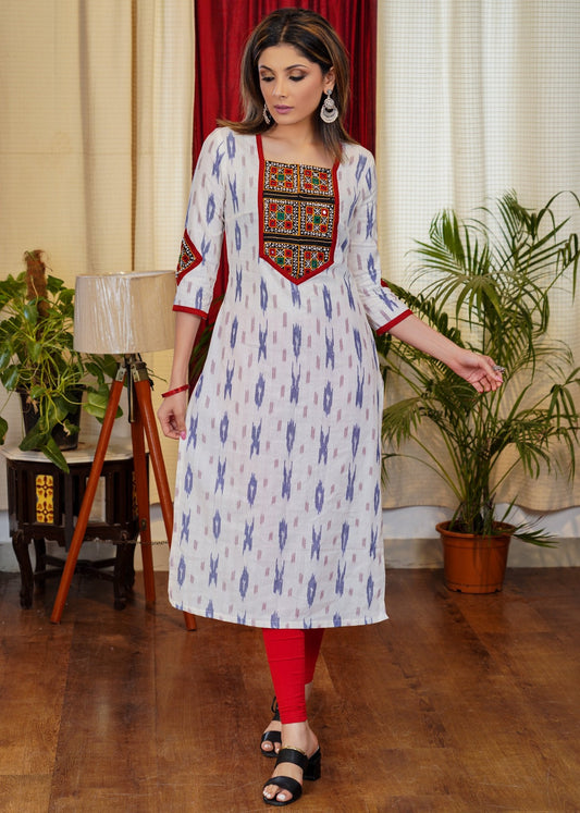 Graceful Ikat Cotton Straight Cut Kurta with Hand made Kutch Mirror work on Yoke and Sleeves