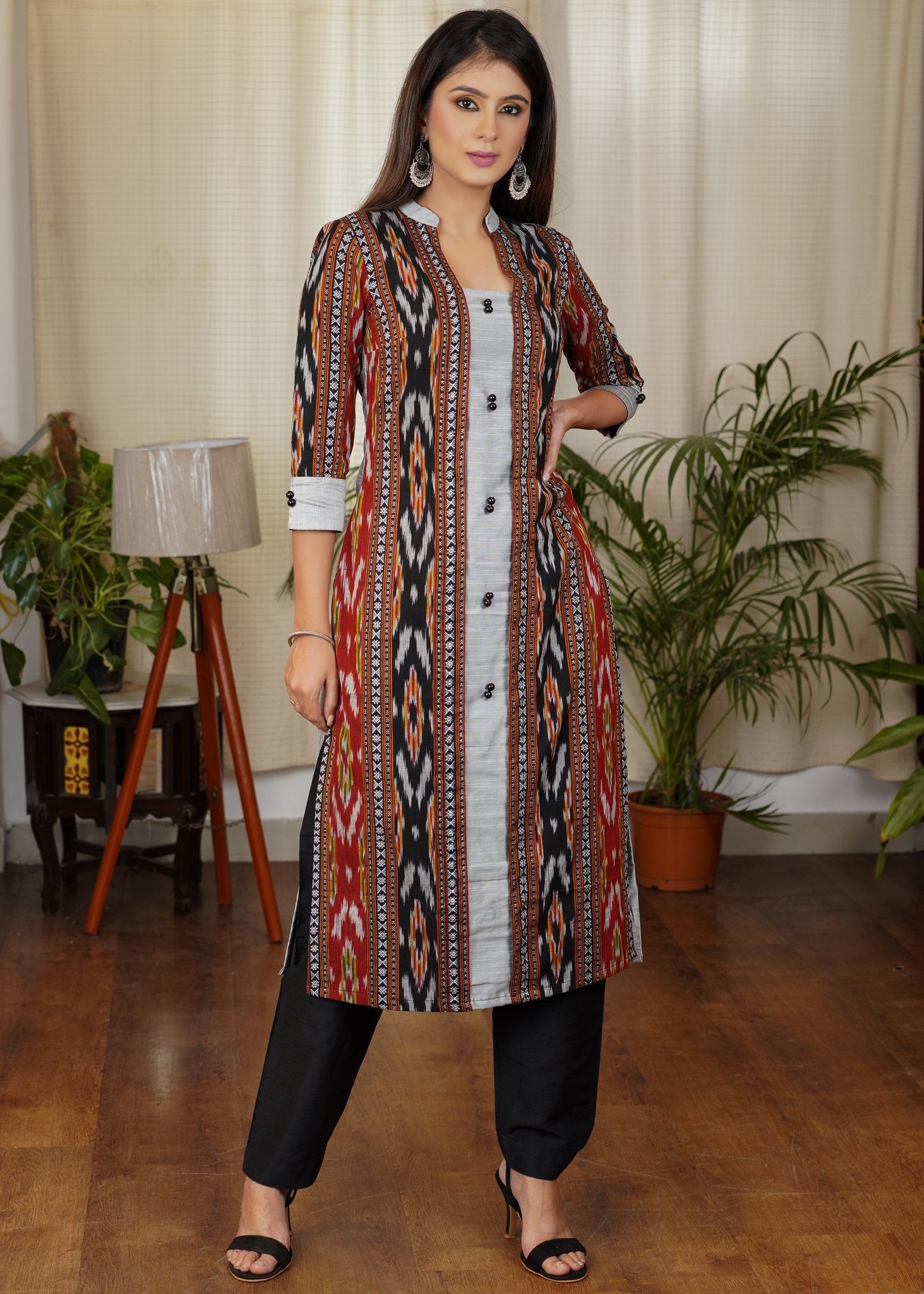 Elegant Straight Cut Kurta with Cotton Ikat and Cotton silk Combination