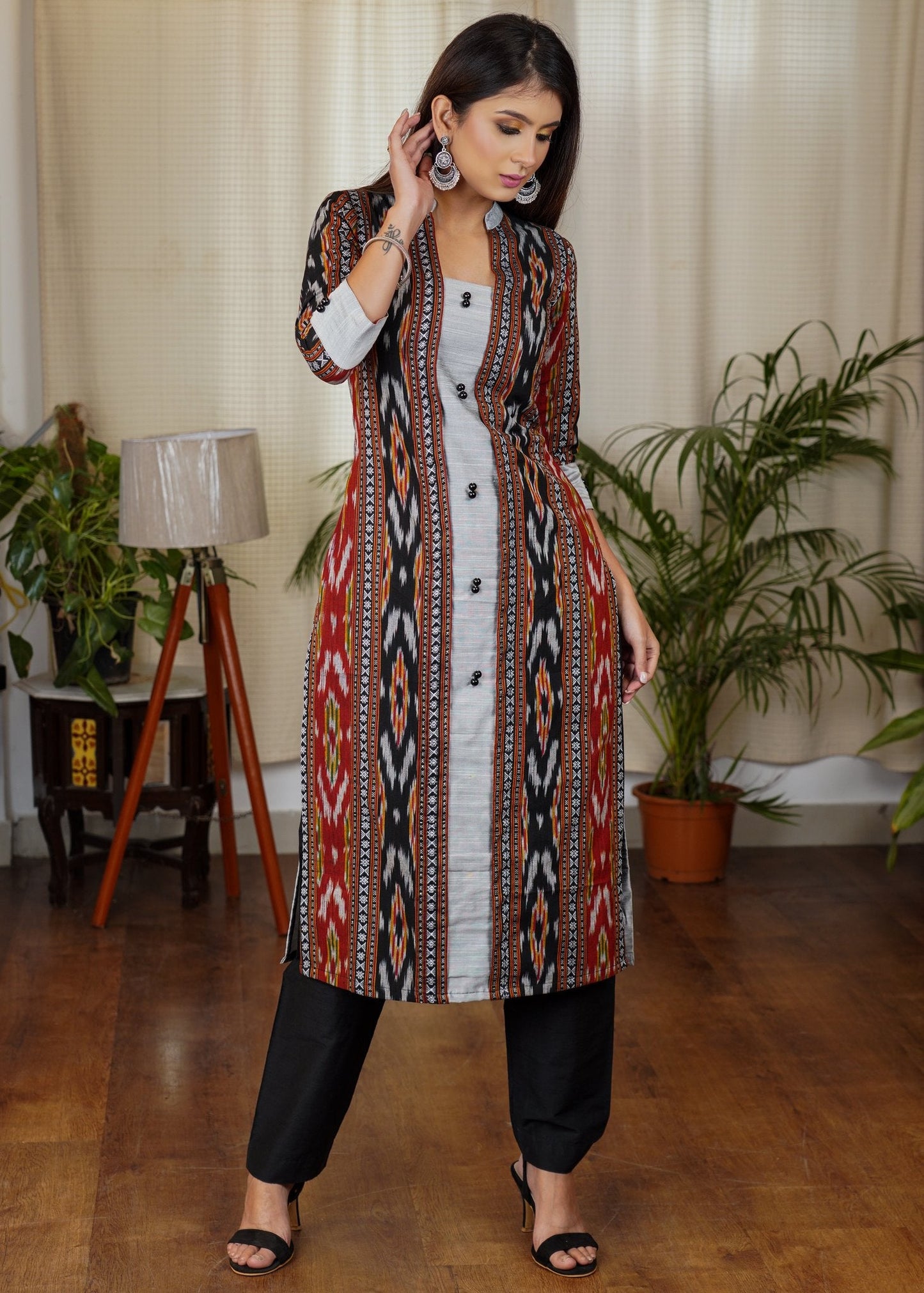 Elegant Straight Cut Kurta with Cotton Ikat and Cotton silk Combination