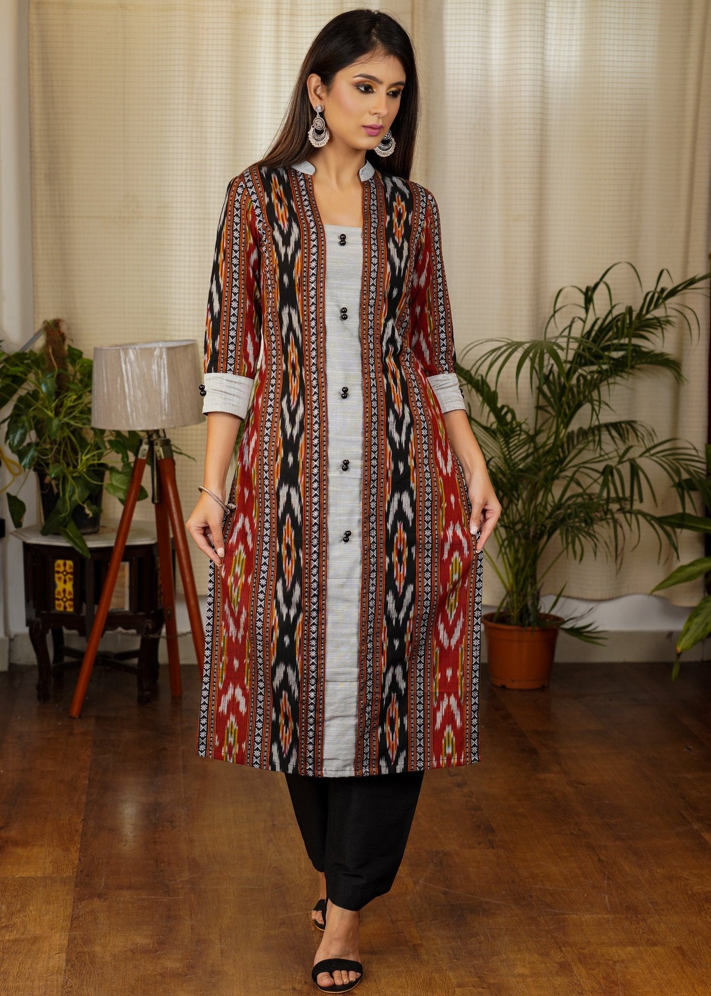 Elegant Straight Cut Kurta with Cotton Ikat and Cotton silk Combination