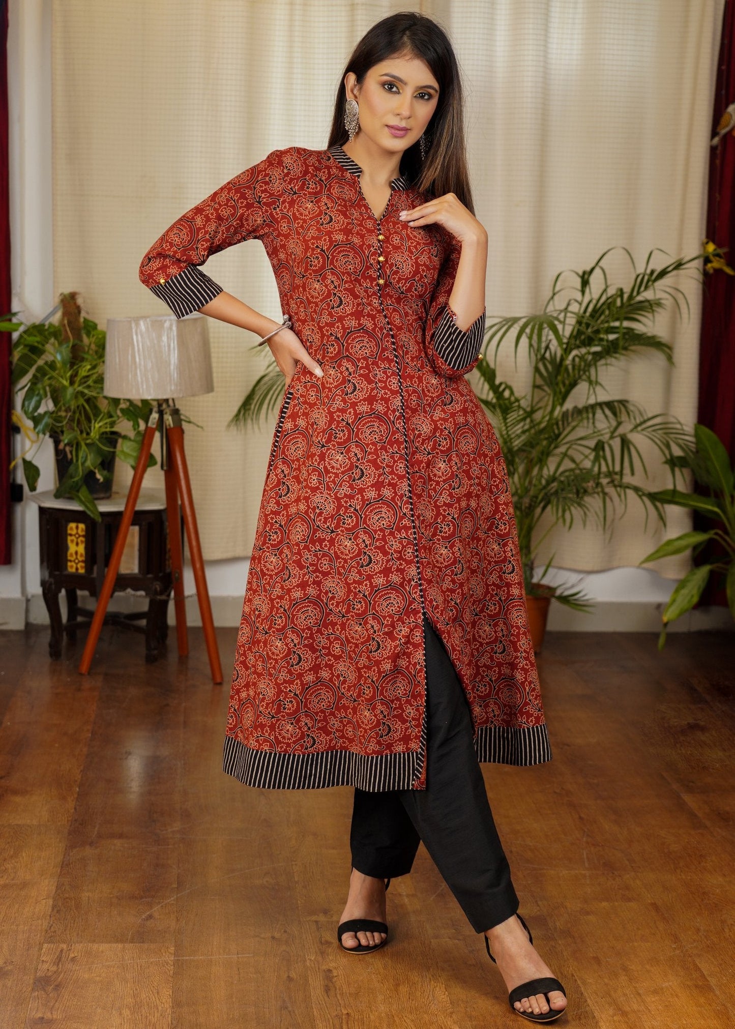 Elegant A -Line Cotton Ajrakh Combination Kurta With Beautiful Buttons