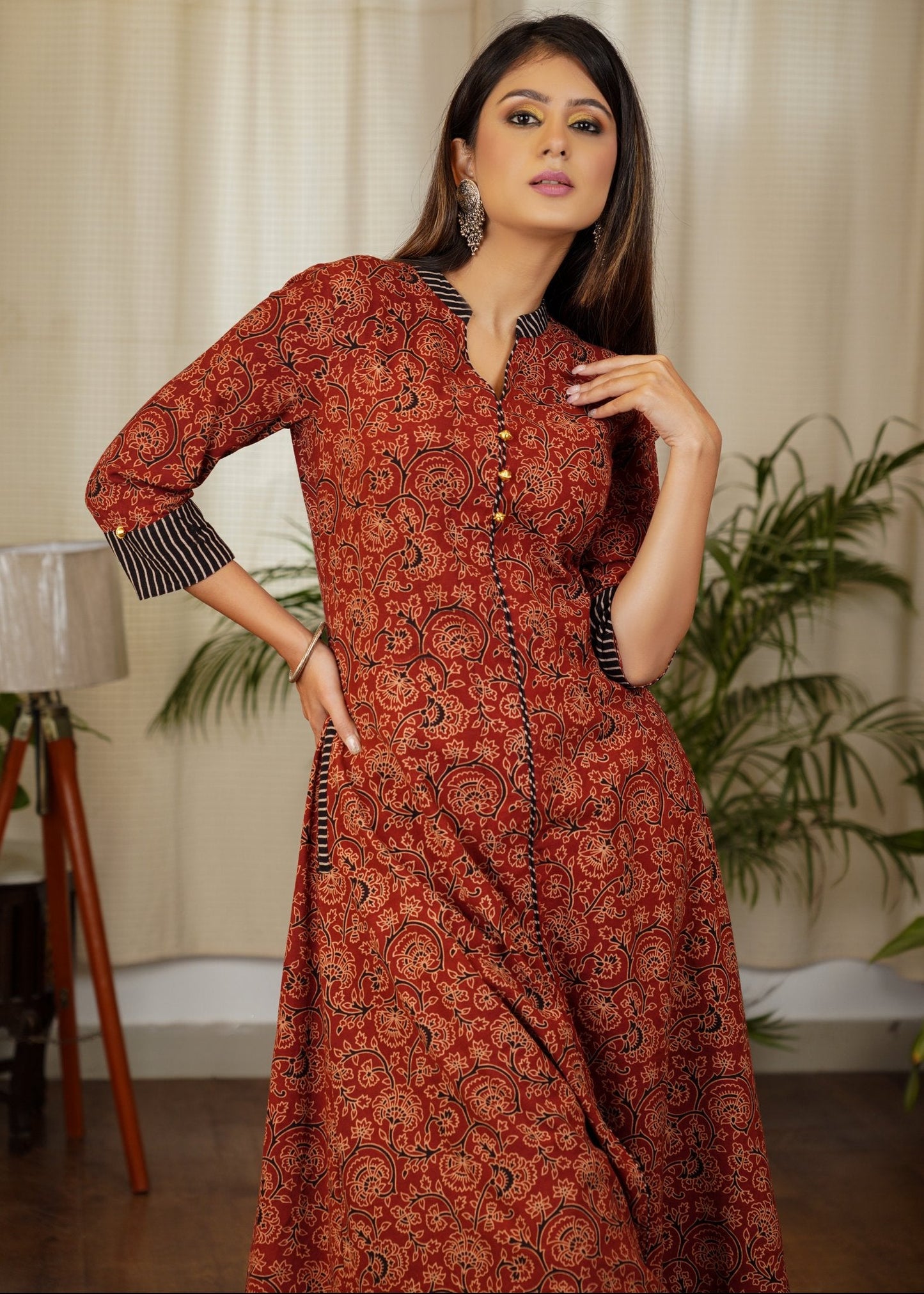 Elegant A -Line Cotton Ajrakh Combination Kurta With Beautiful Buttons