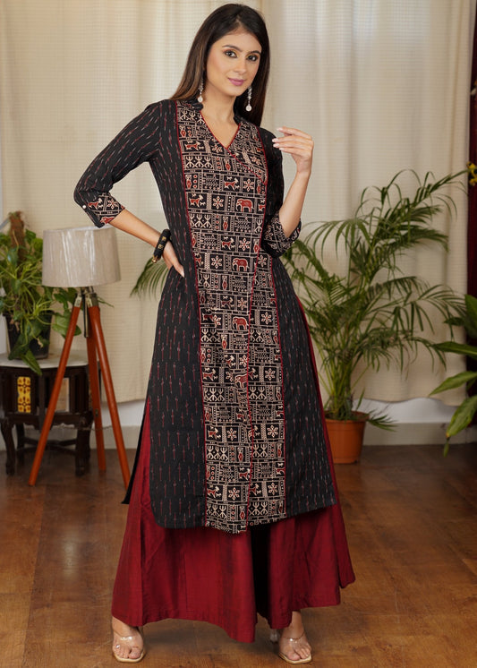 Unique Straight Cut Cotton Ikat kurta with Ajrakh Animal Print Front Panel