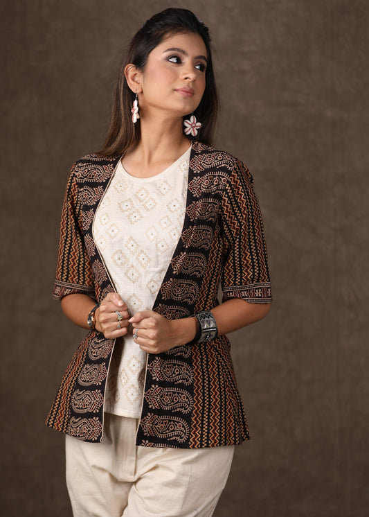 Exclusive Dabu Print Shrug with Embroidered Inner - 2 Piece (Jacket & Inner Set) Pants Optional