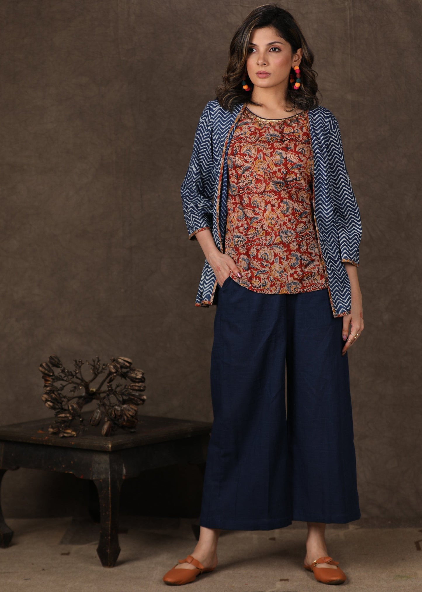 Elegant Cotton Kalamkari Top with Antique Gold Hand Embroidery Indigo Shrug -2 Piece (Top & Shrug Set) Pants Optional