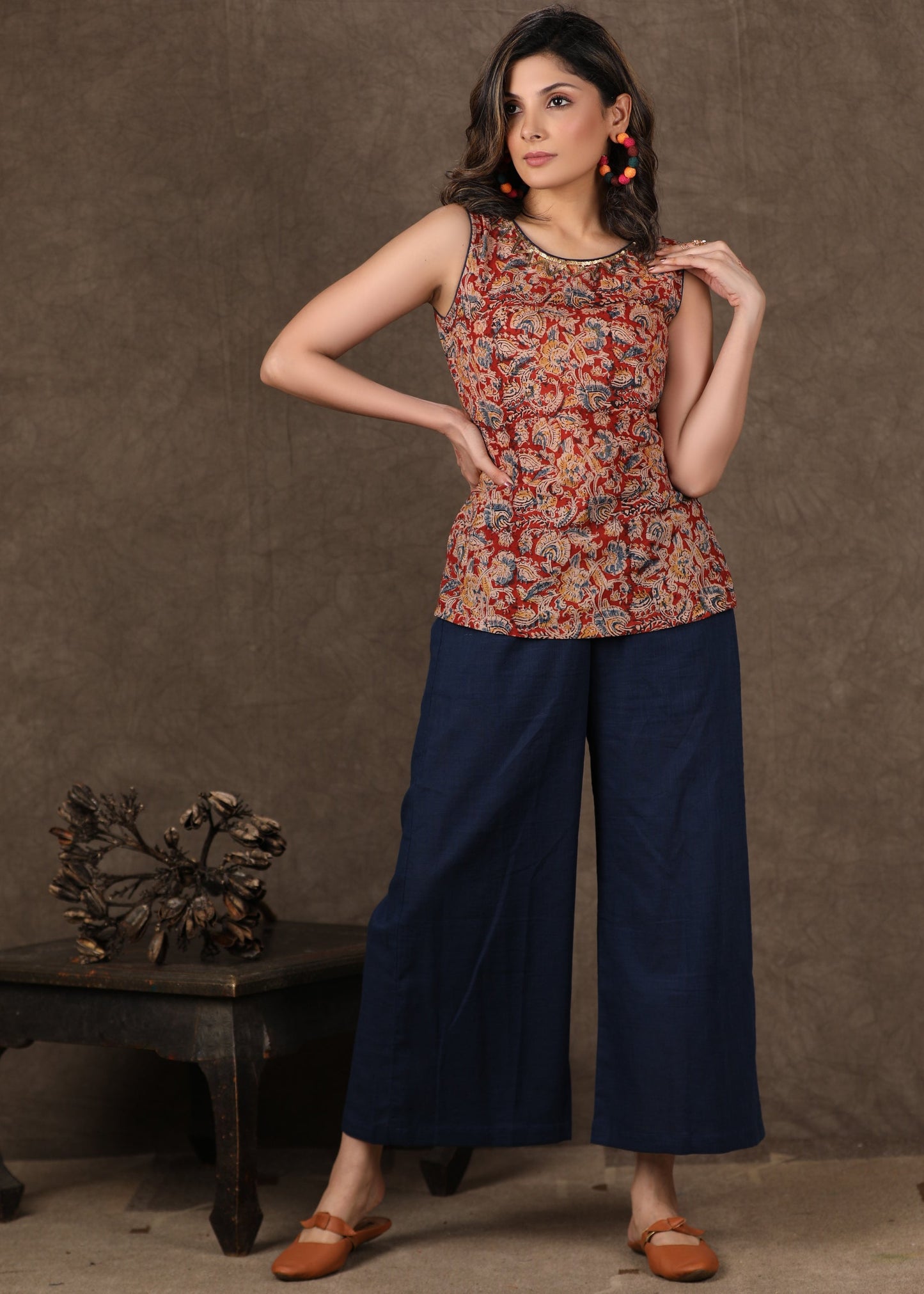 Elegant Cotton Kalamkari Top with Antique Gold Hand Embroidery Indigo Shrug -2 Piece (Top & Shrug Set) Pants Optional