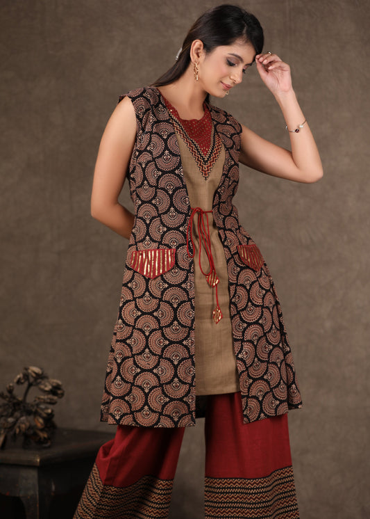 Cotton Ajrakh Jacket Kurta with Antique Gold Handwork with Fitted Tunic & Palazzo 3 Piece ( Jacket, Tunic & Palazzo Set)