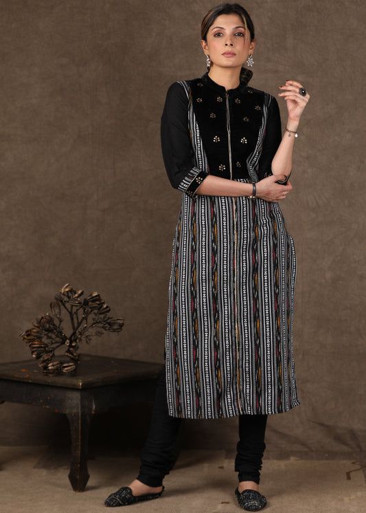 Black Ikat Kurta with Antique Gold Work, Velvet Yoke and Matching Churidar - 2 Piece (Kurta + Pant)