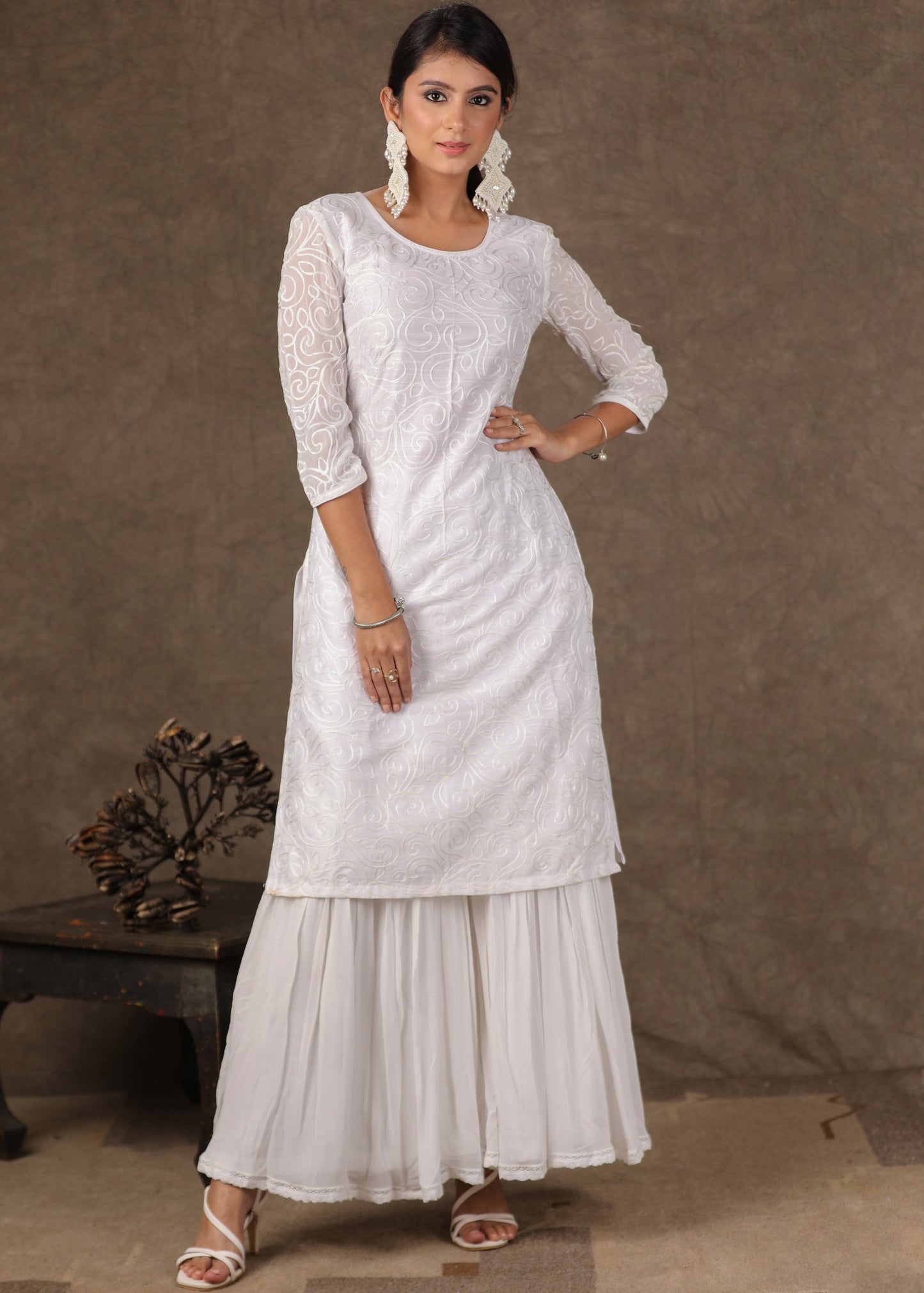 Classy White Self-Embroidered Kurta with Indigo Mirror Work Jacket & Flowy Sharara -3 Piece (Kurta, Sharara & Jacket Set)