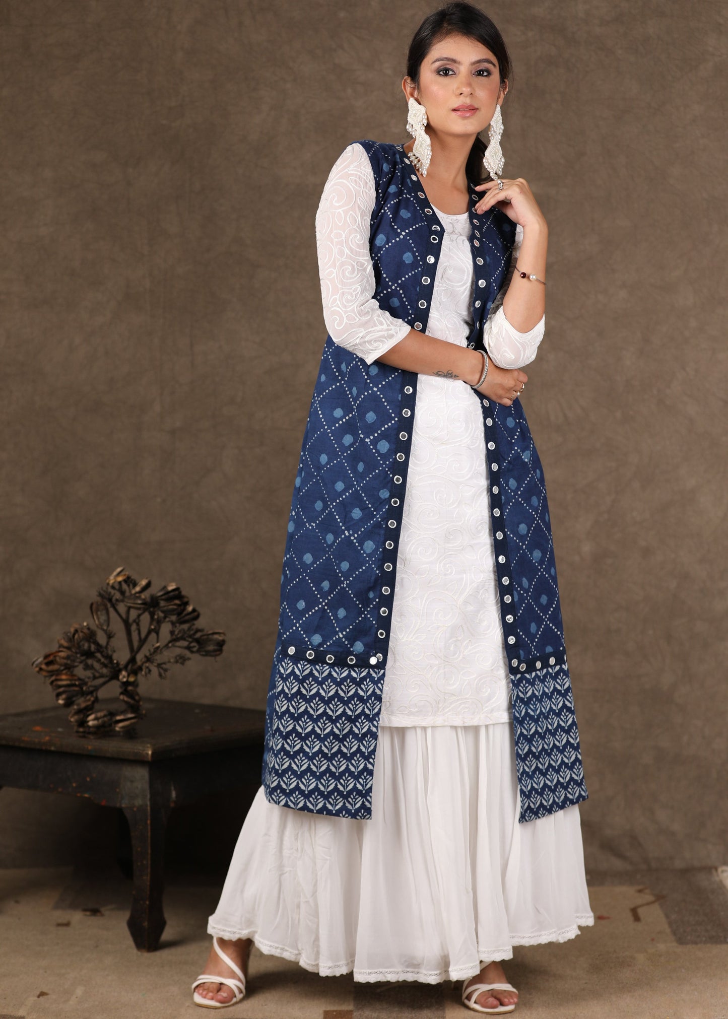 Classy White Self-Embroidered Kurta with Indigo Mirror Work Jacket & Flowy Sharara -3 Piece (Kurta, Sharara & Jacket Set)