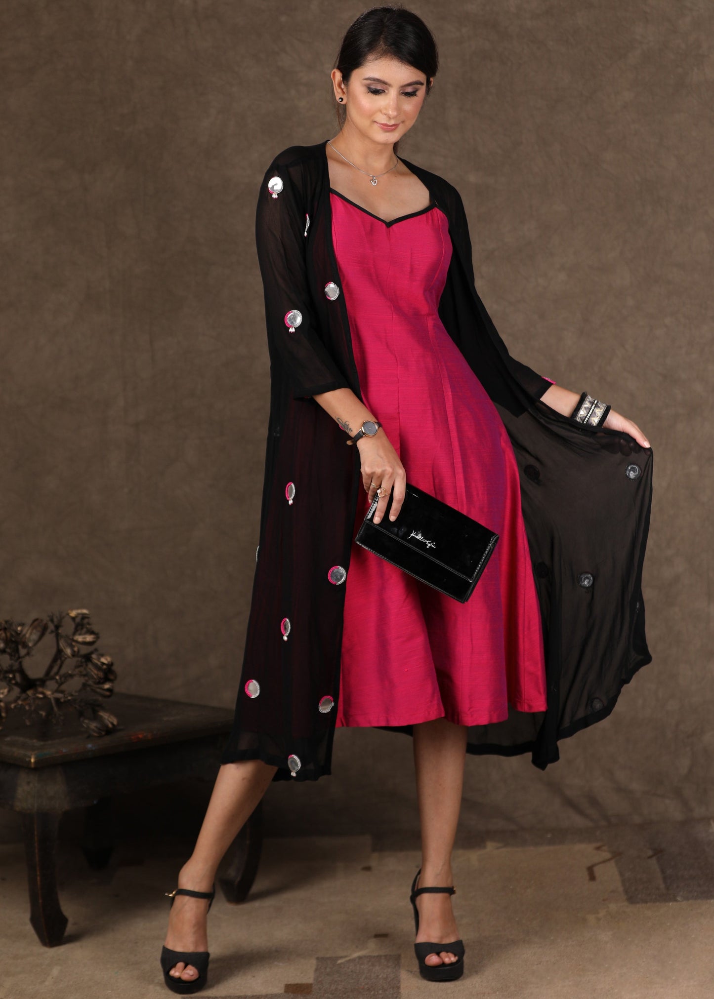 Black Georgette Shrug Dress with Hand Mirror Work All Over and Magenta Inner in Contrast -2 Piece (Shrug & Dress Set)